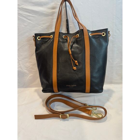 Anna Paola Handbags - Anna Paola Beautiful Soft Black Pebbled Leather Handbag with Tan Straps